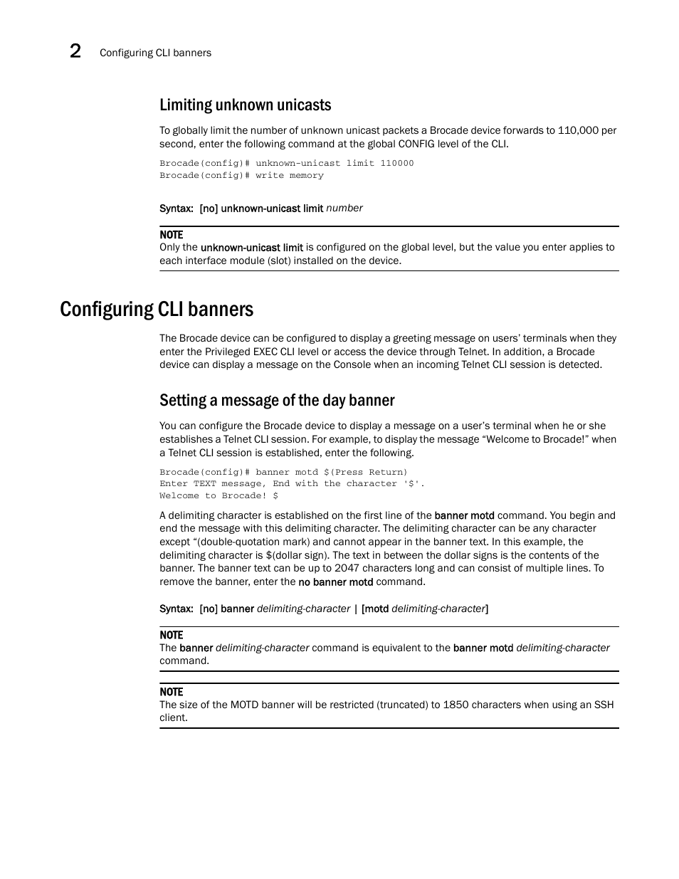 Limiting unknown unicasts, Configuring cli banners, Setting a message of the day banner | Brocade Multi-Service IronWare Administration Guide (Supporting R05.6.00) User Manual | Page 58 / 432