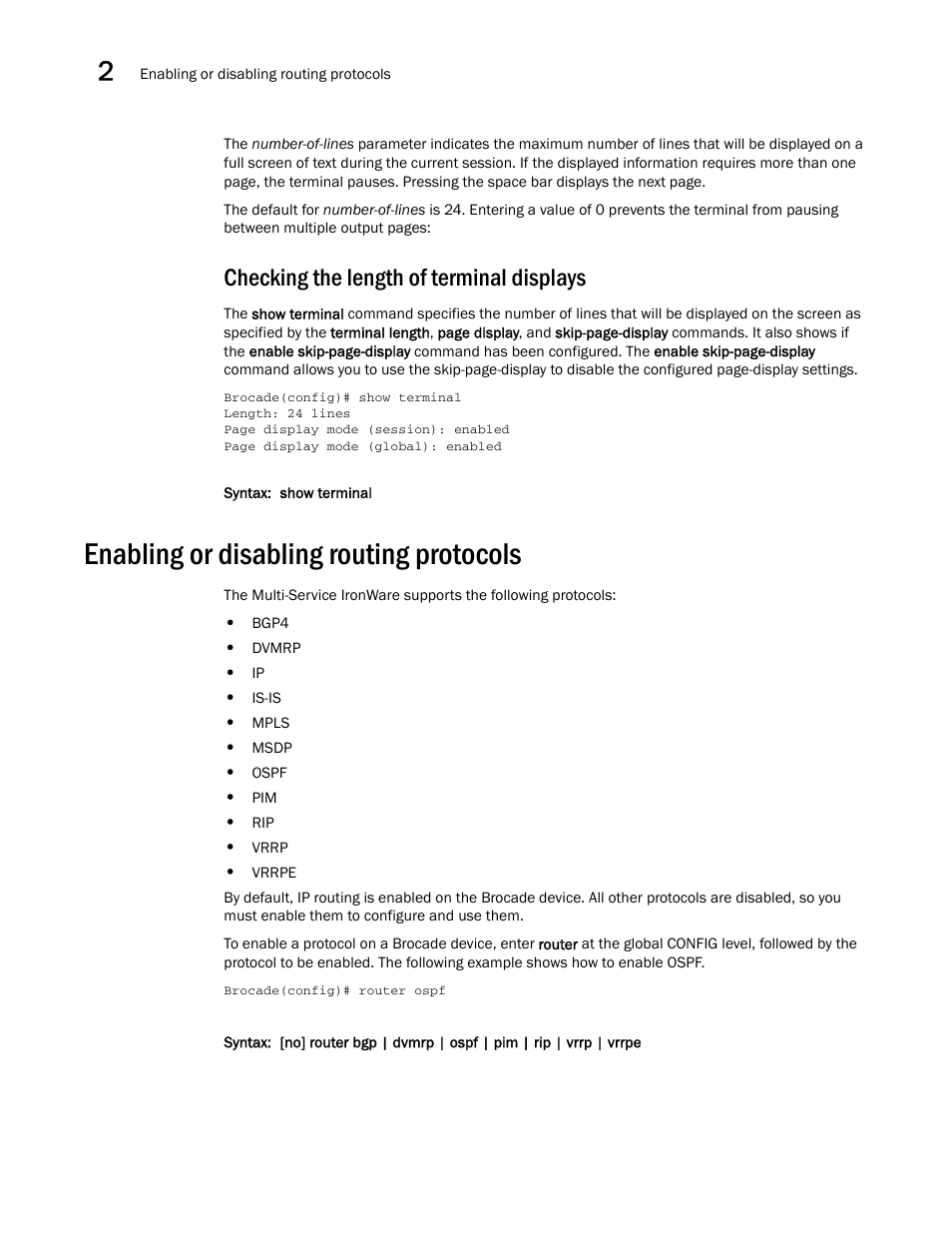 Checking the length of terminal displays, Enabling or disabling routing protocols | Brocade Multi-Service IronWare Administration Guide (Supporting R05.6.00) User Manual | Page 60 / 432