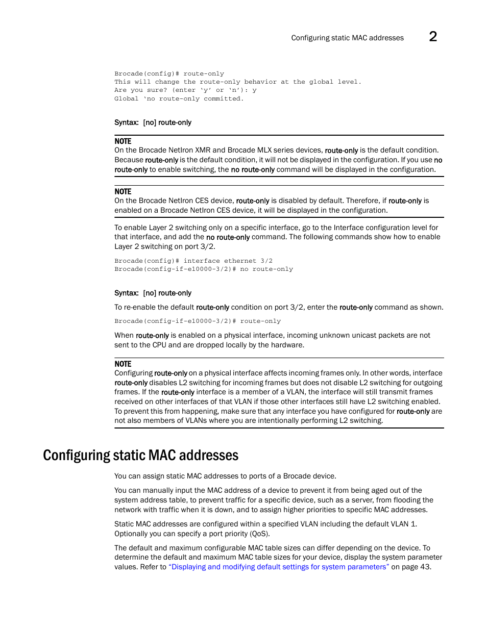 Configuring static mac addresses | Brocade Multi-Service IronWare Administration Guide (Supporting R05.6.00) User Manual | Page 67 / 432