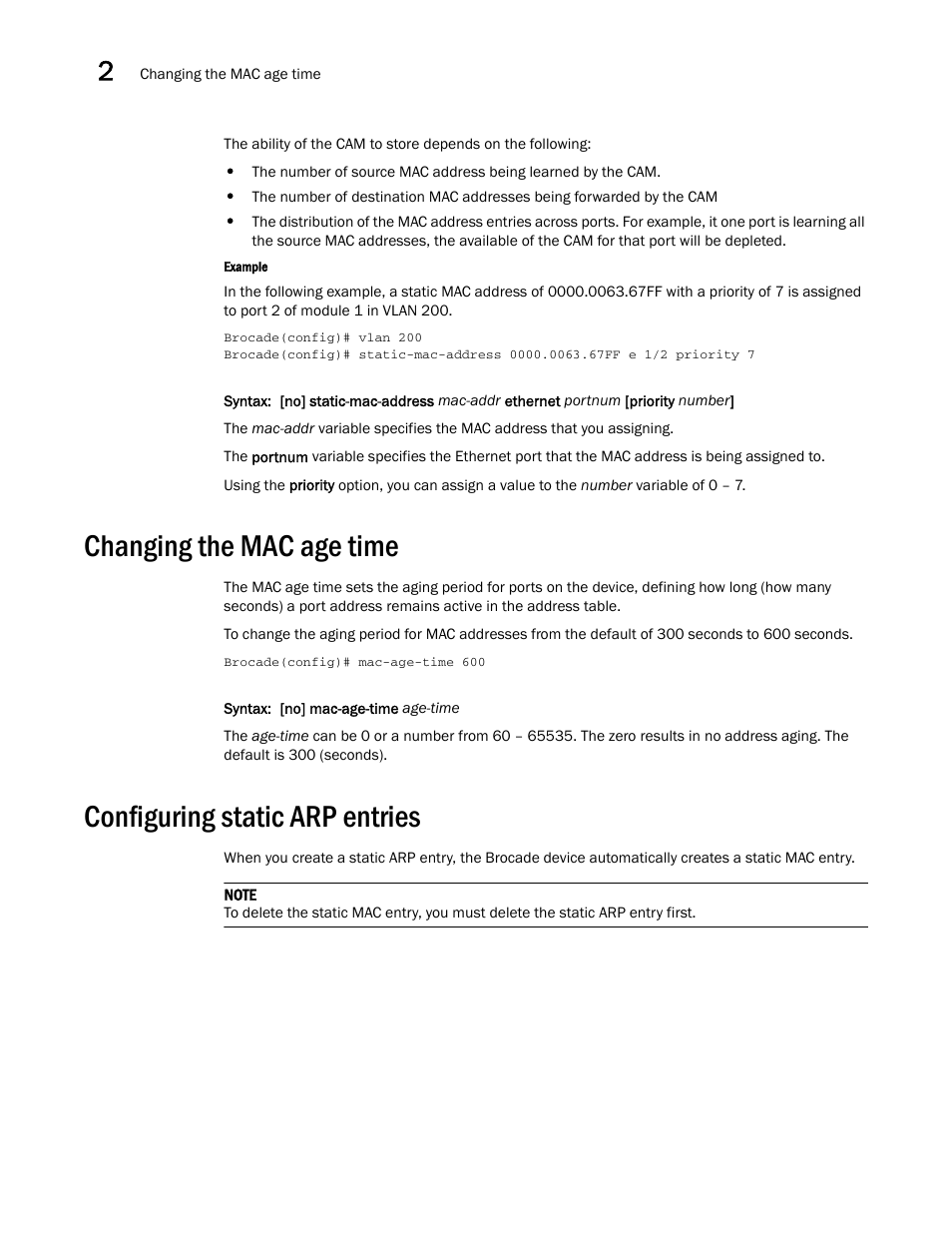Changing the mac age time, Configuring static arp entries | Brocade Multi-Service IronWare Administration Guide (Supporting R05.6.00) User Manual | Page 68 / 432