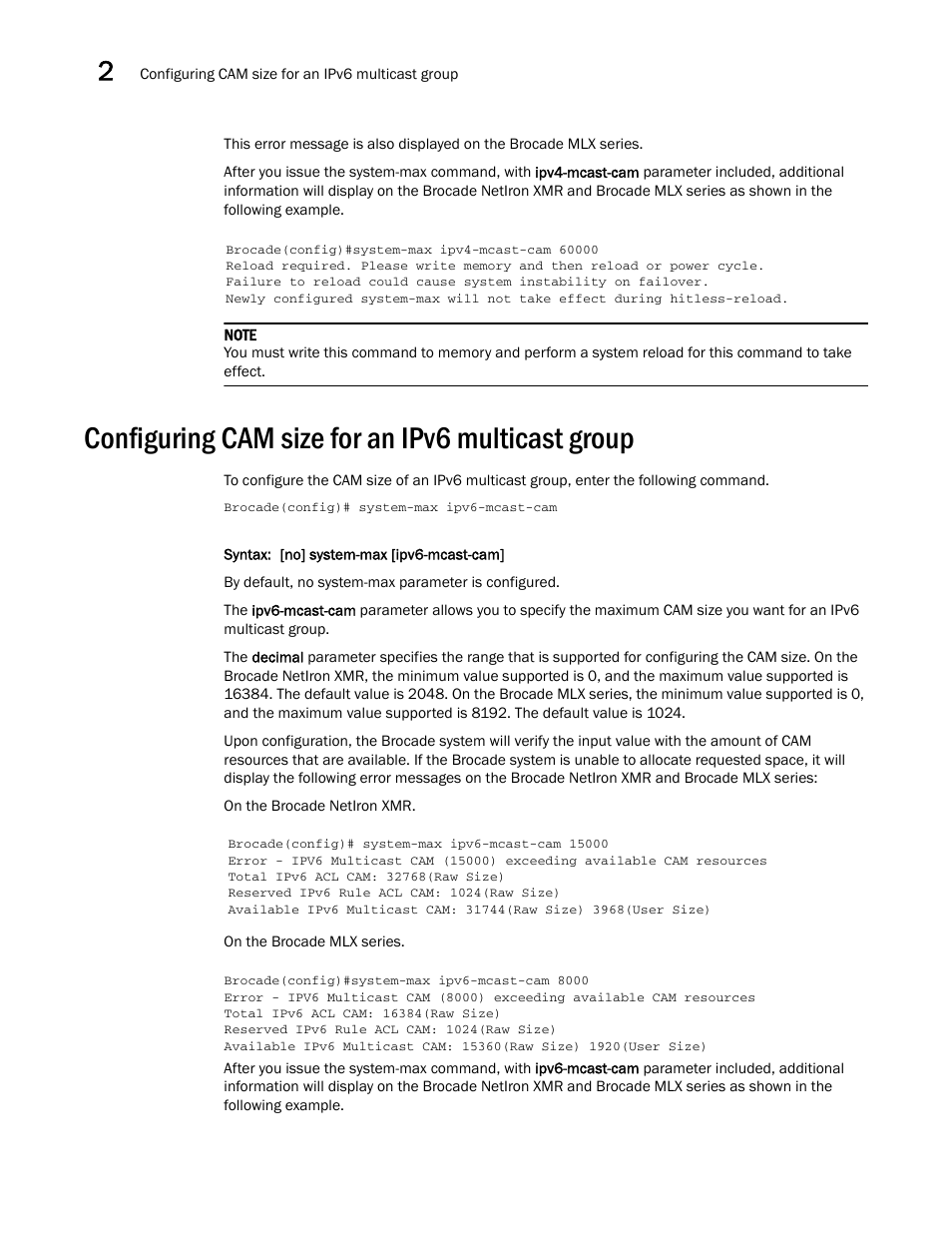 Configuring cam size for an ipv6 multicast group, Configuring cam size for an ipv6, Multicast group | Brocade Multi-Service IronWare Administration Guide (Supporting R05.6.00) User Manual | Page 74 / 432
