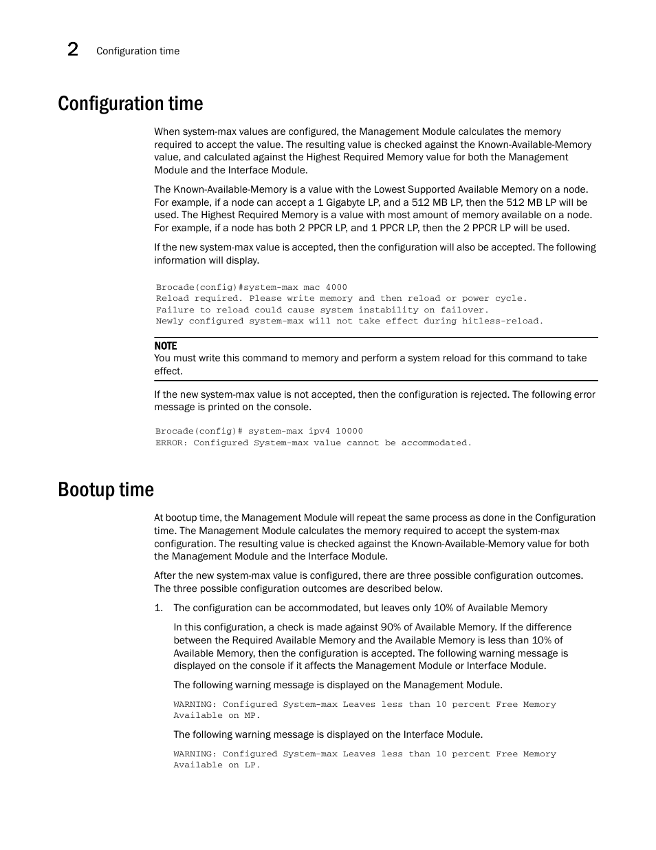 Configuration time, Bootup time | Brocade Multi-Service IronWare Administration Guide (Supporting R05.6.00) User Manual | Page 76 / 432