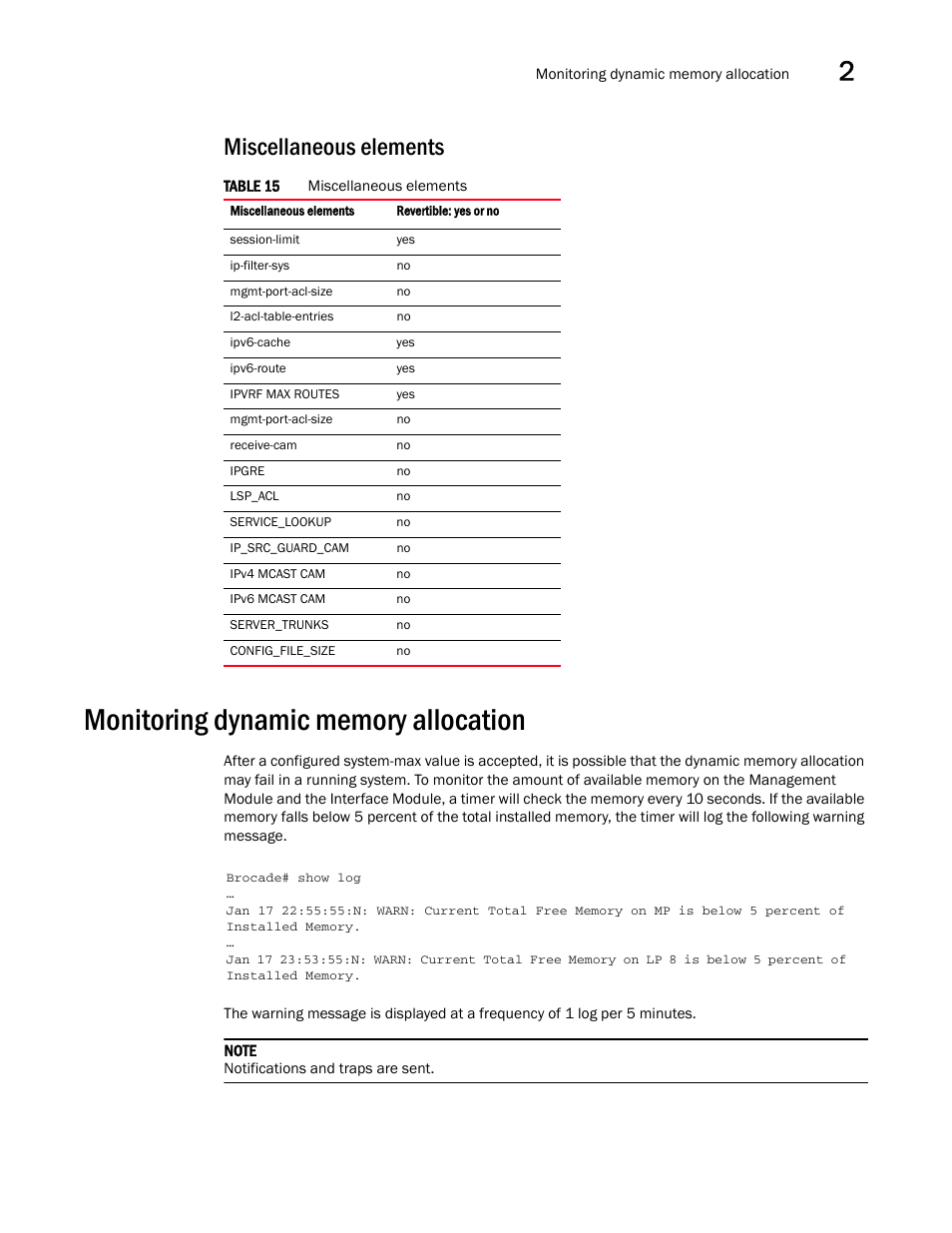 Miscellaneous elements, Monitoring dynamic memory allocation | Brocade Multi-Service IronWare Administration Guide (Supporting R05.6.00) User Manual | Page 79 / 432