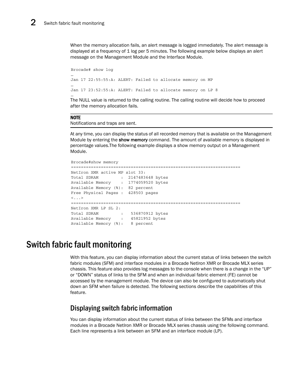Switch fabric fault monitoring, Displaying switch fabric information | Brocade Multi-Service IronWare Administration Guide (Supporting R05.6.00) User Manual | Page 80 / 432
