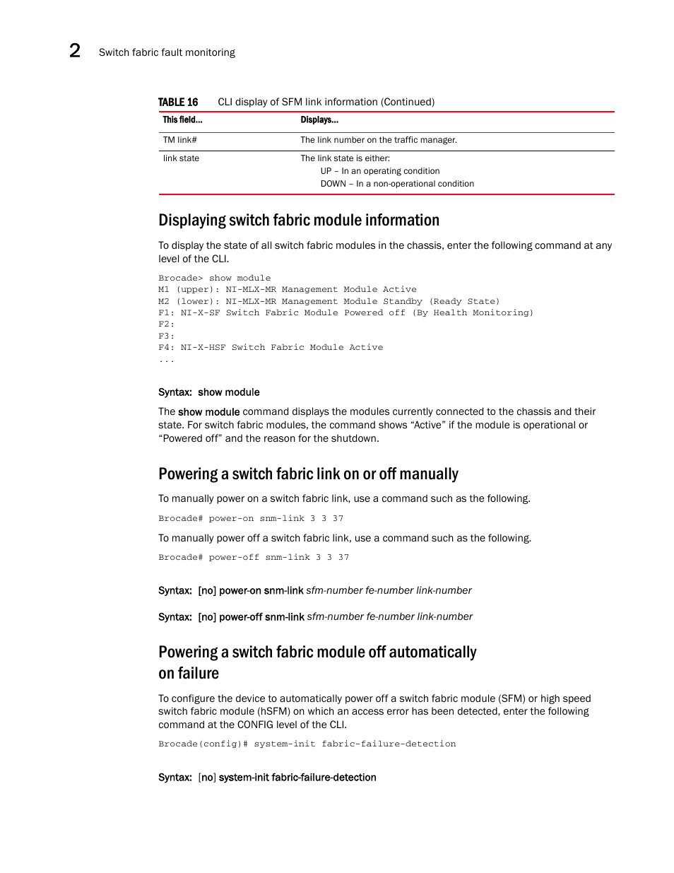Displaying switch fabric module information, Powering a switch fabric link on or off manually | Brocade Multi-Service IronWare Administration Guide (Supporting R05.6.00) User Manual | Page 82 / 432