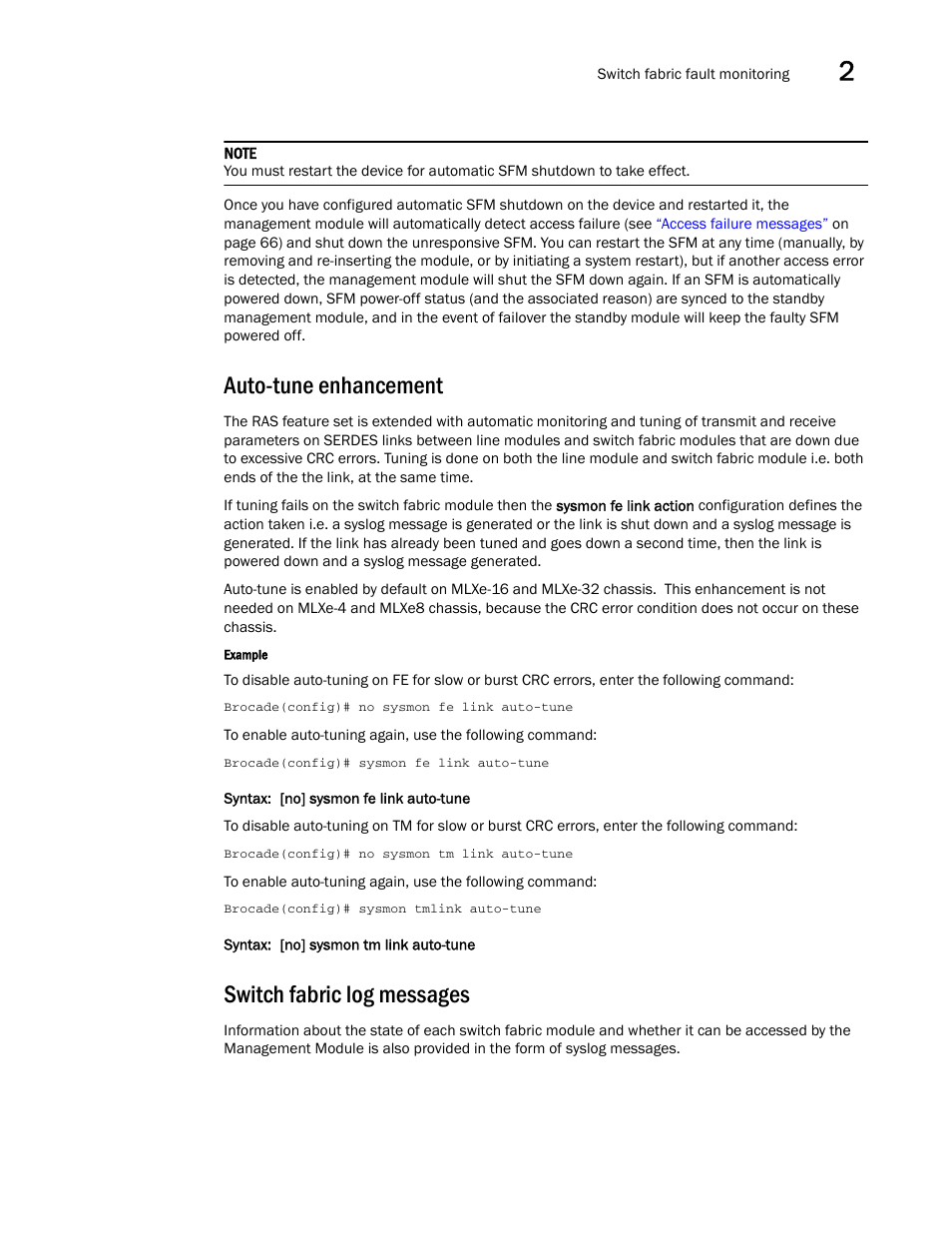 Auto-tune enhancement, Switch fabric log messages | Brocade Multi-Service IronWare Administration Guide (Supporting R05.6.00) User Manual | Page 83 / 432