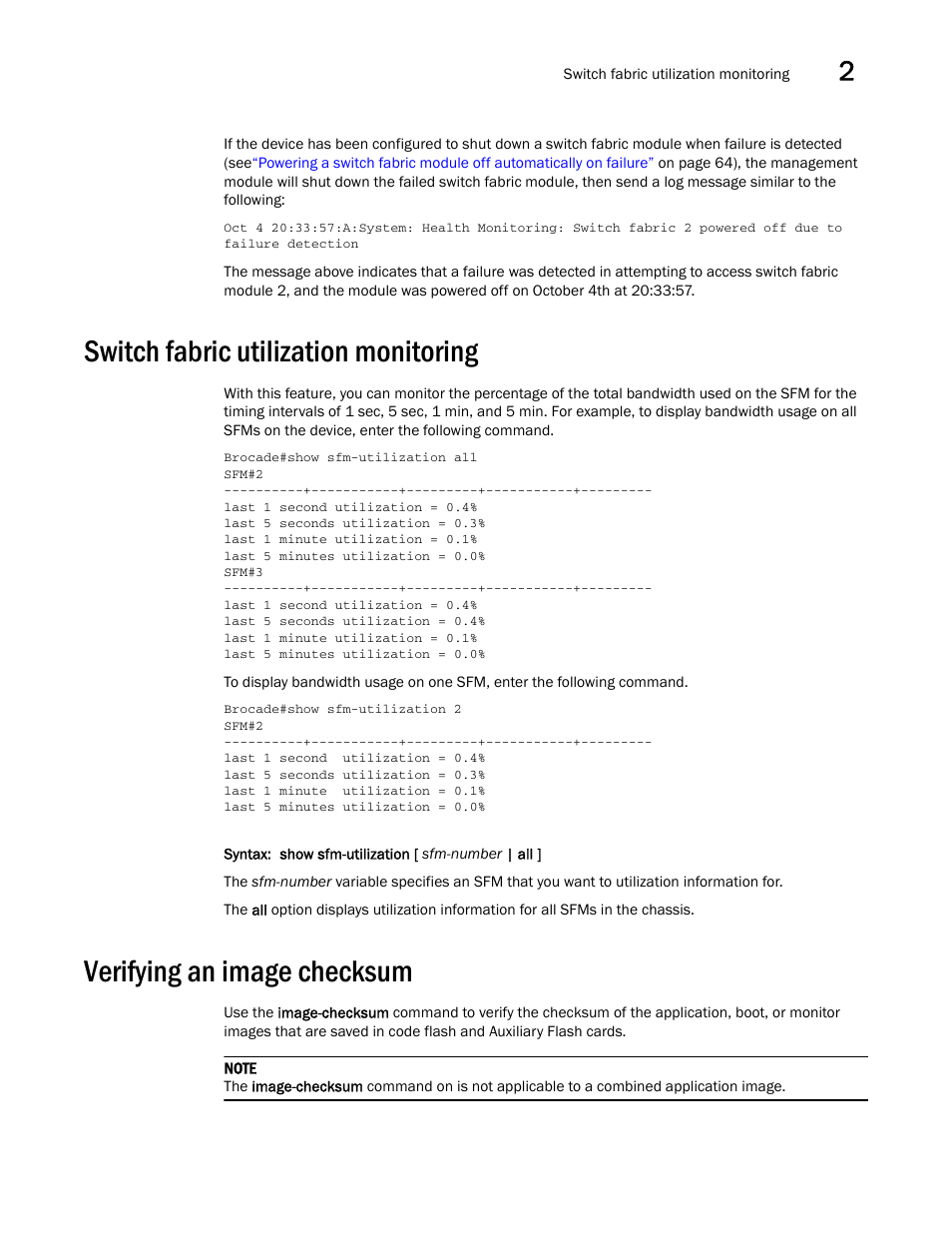 Switch fabric utilization monitoring, Verifying an image checksum | Brocade Multi-Service IronWare Administration Guide (Supporting R05.6.00) User Manual | Page 85 / 432