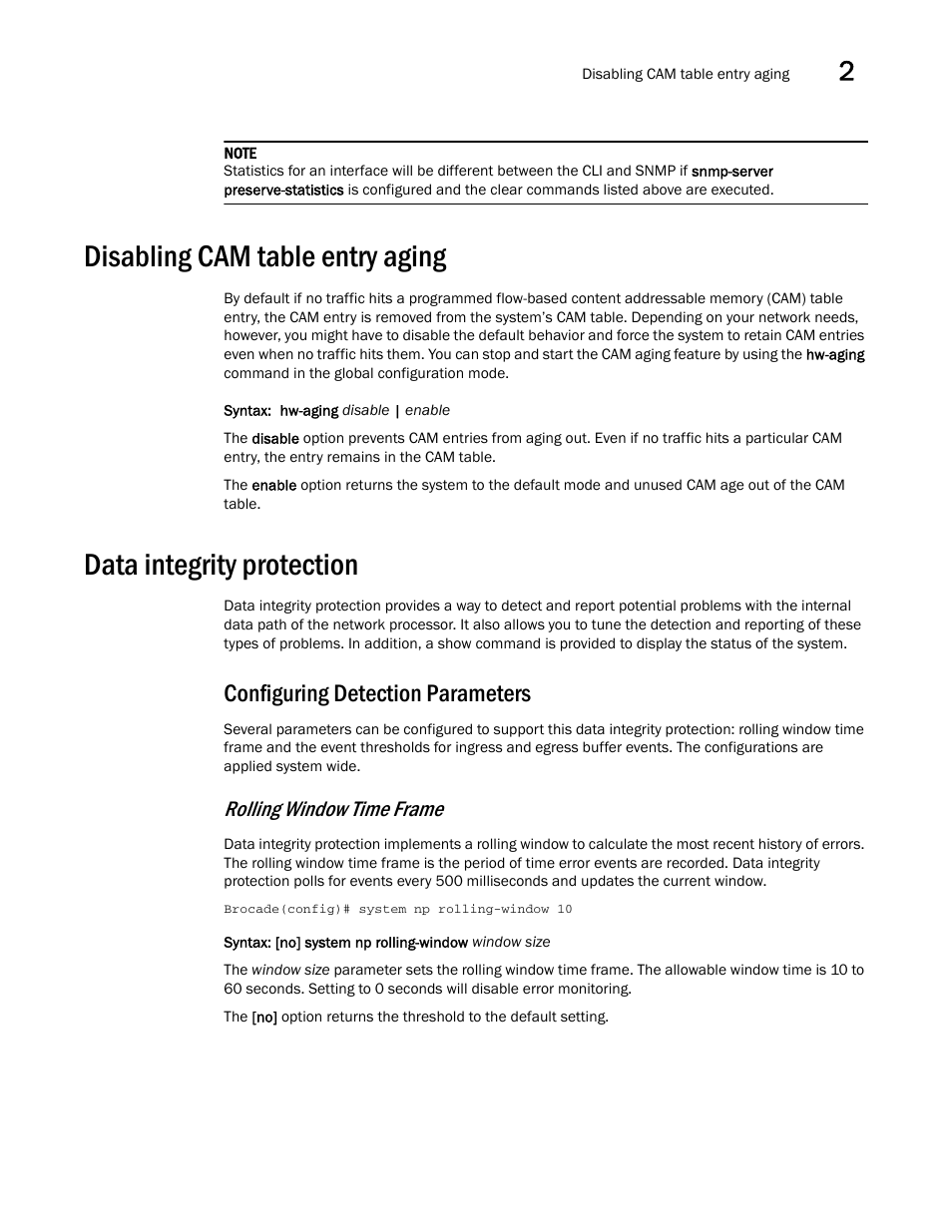 Disabling cam table entry aging, Data integrity protection, Configuring detection parameters | Rolling window time frame | Brocade Multi-Service IronWare Administration Guide (Supporting R05.6.00) User Manual | Page 99 / 432