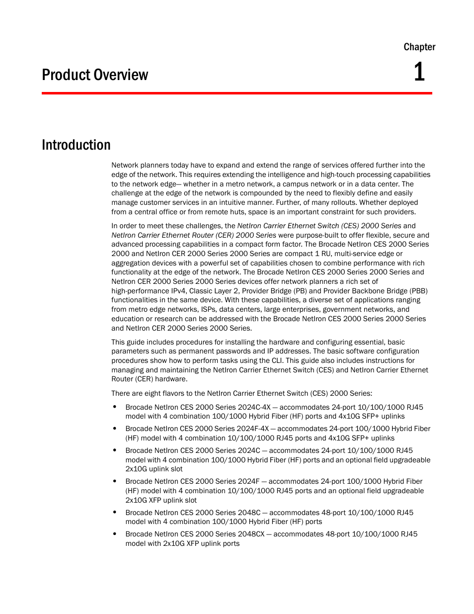 Product overview, Introduction, Chapter 1 | Brocade NetIron CER 2000 Series Hardware Guide (Supporting R05.6.00) User Manual | Page 11 / 110