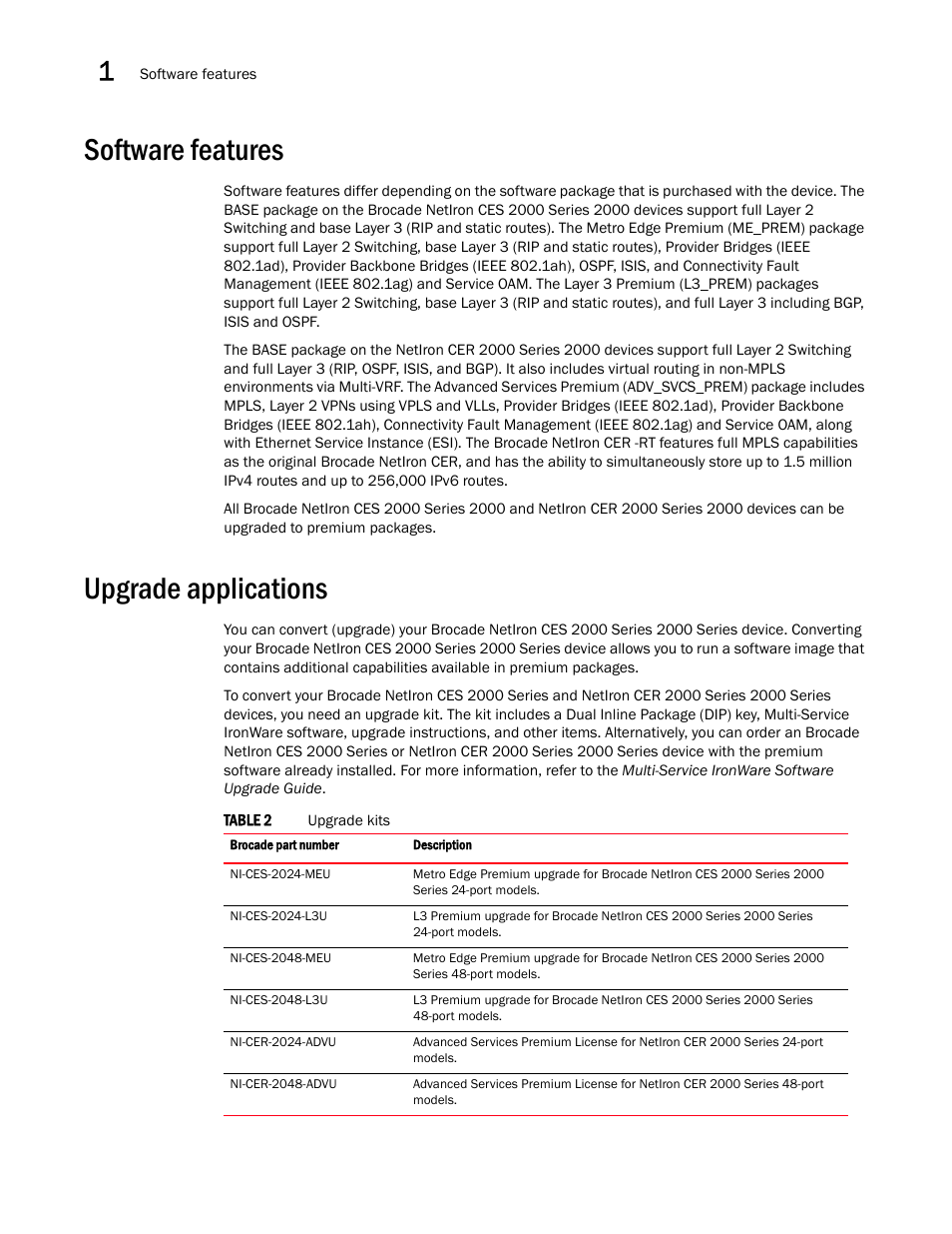 Software features, Upgrade applications | Brocade NetIron CER 2000 Series Hardware Guide (Supporting R05.6.00) User Manual | Page 18 / 110