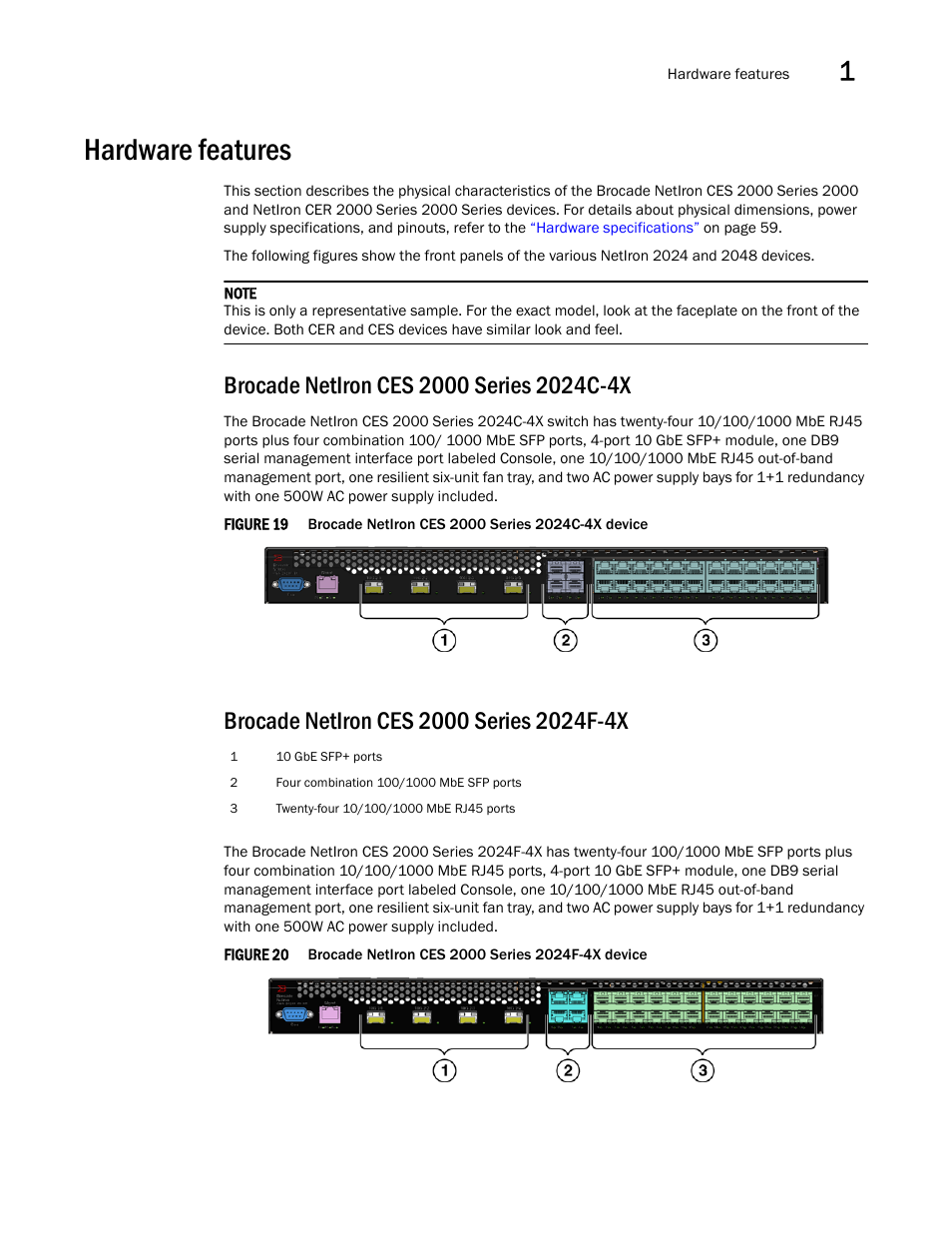 Hardware features, Brocade netiron ces 2000 series 2024c-4x, Brocade netiron ces 2000 series 2024f-4x | Brocade NetIron CER 2000 Series Hardware Guide (Supporting R05.6.00) User Manual | Page 19 / 110