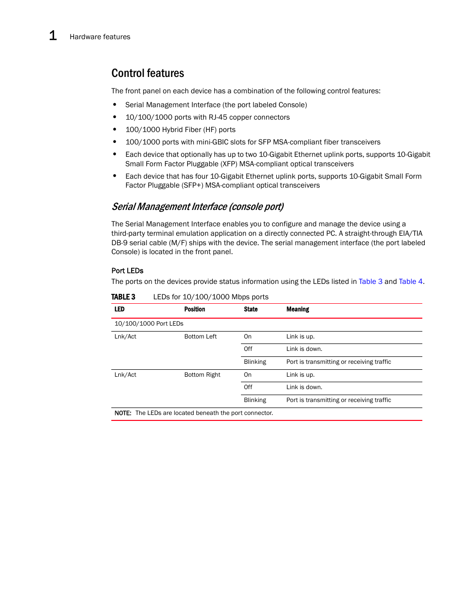 Control features, Serial management interface (console port) | Brocade NetIron CER 2000 Series Hardware Guide (Supporting R05.6.00) User Manual | Page 26 / 110