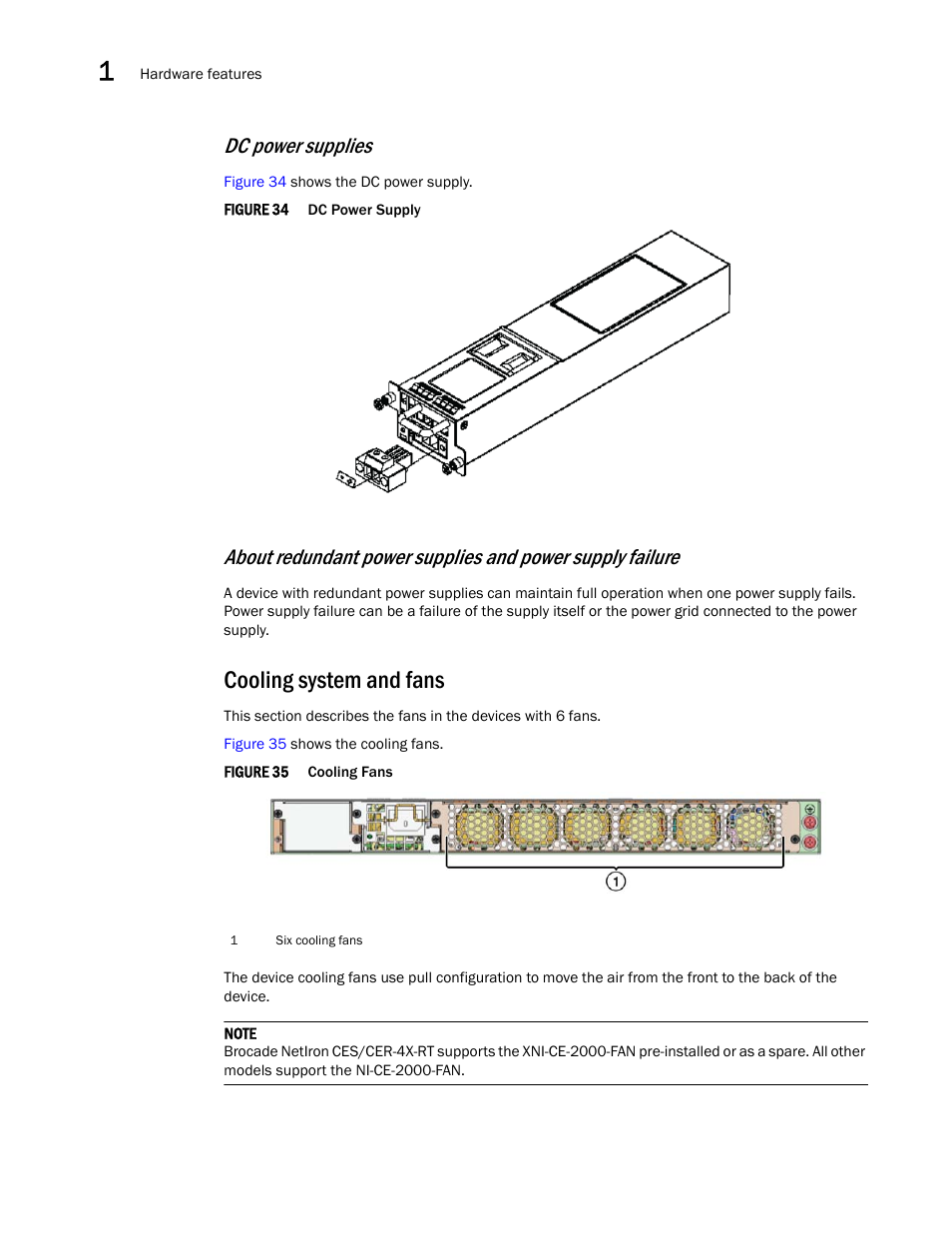 Cooling system and fans, Dc power supplies | Brocade NetIron CER 2000 Series Hardware Guide (Supporting R05.6.00) User Manual | Page 32 / 110