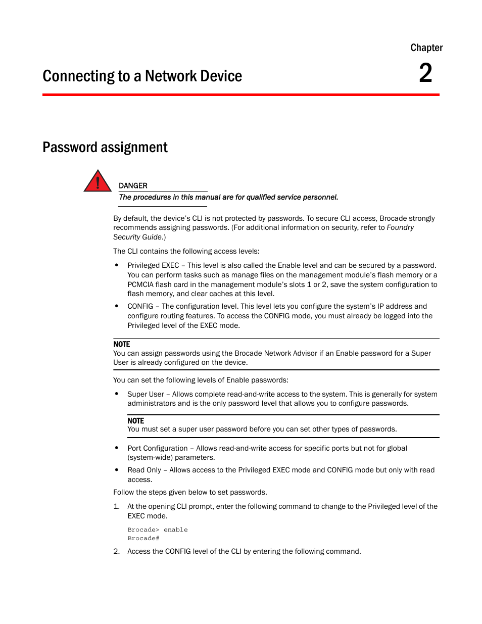 Connecting to a network device, Password assignment, Chapter 2 | Brocade NetIron CER 2000 Series Hardware Guide (Supporting R05.6.00) User Manual | Page 35 / 110