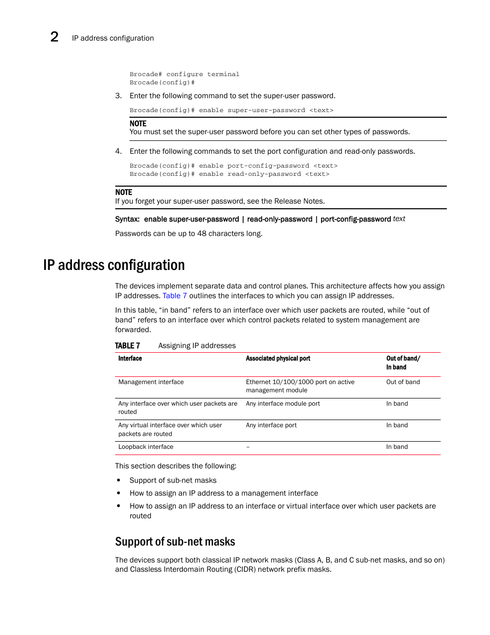 Ip address configuration, Support of sub-net masks | Brocade NetIron CER 2000 Series Hardware Guide (Supporting R05.6.00) User Manual | Page 36 / 110