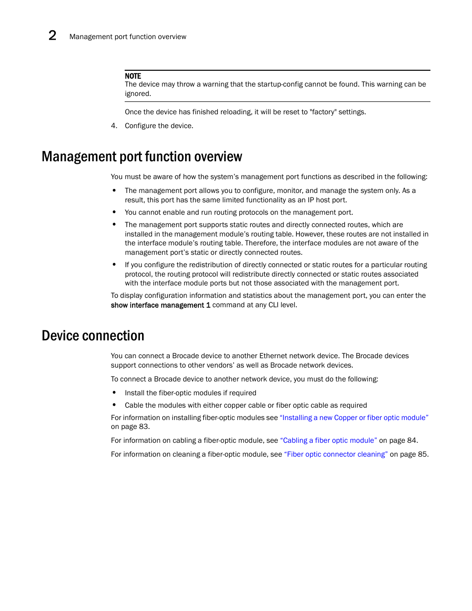 Management port function overview, Device connection | Brocade NetIron CER 2000 Series Hardware Guide (Supporting R05.6.00) User Manual | Page 40 / 110