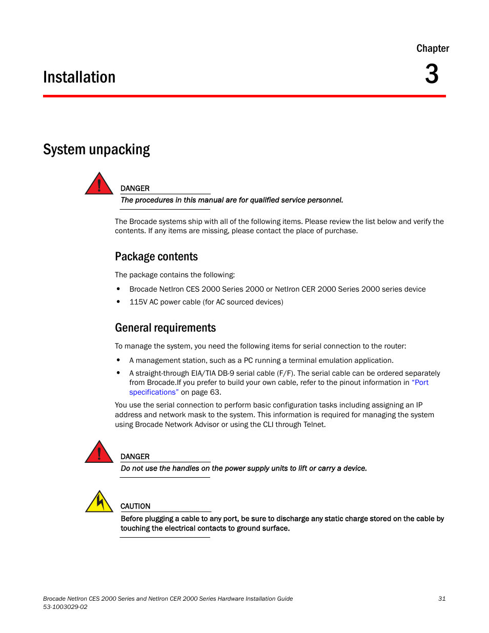 Installation, System unpacking, Package contents | General requirements, Chapter 3 | Brocade NetIron CER 2000 Series Hardware Guide (Supporting R05.6.00) User Manual | Page 41 / 110