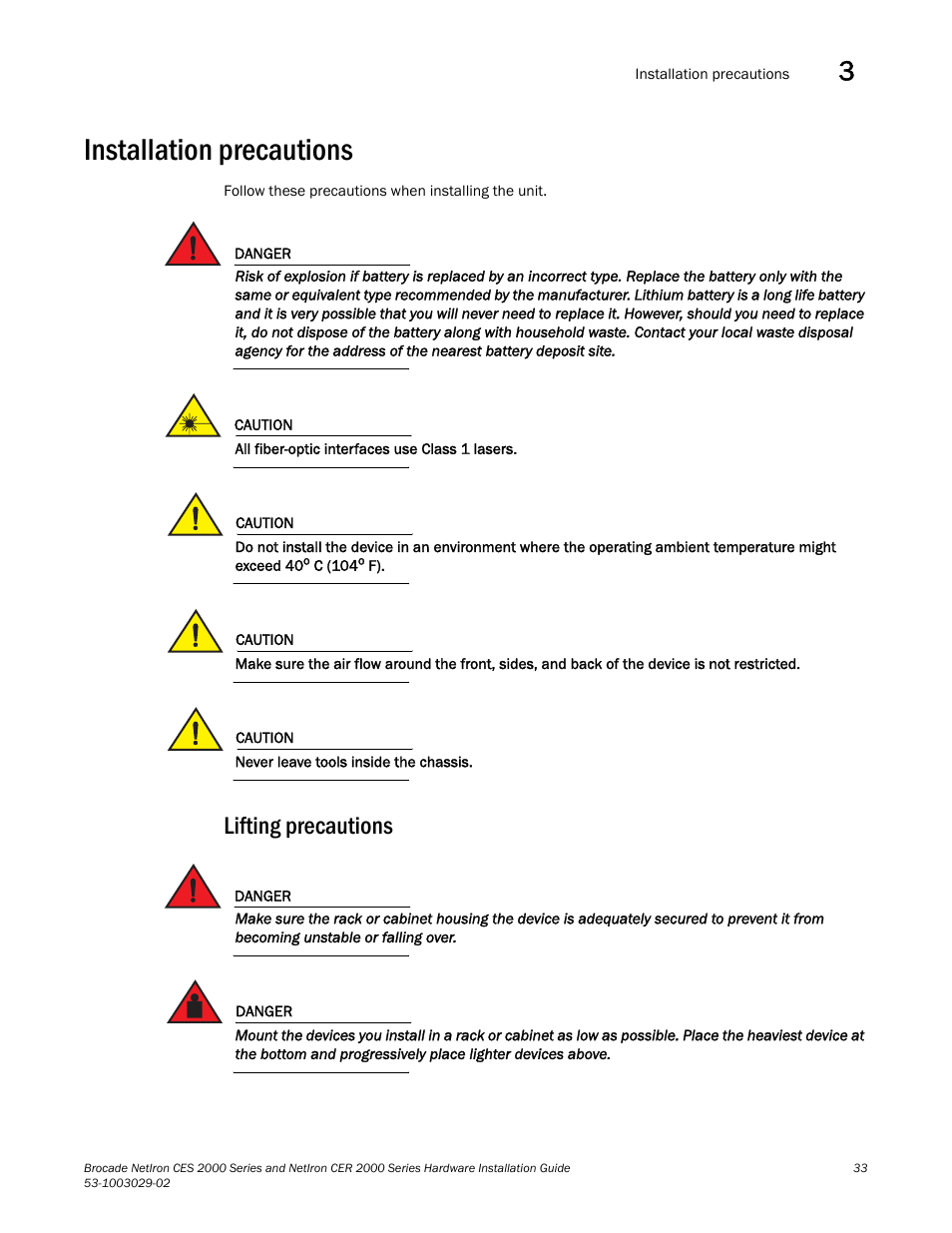 Installation precautions, Lifting precautions | Brocade NetIron CER 2000 Series Hardware Guide (Supporting R05.6.00) User Manual | Page 43 / 110