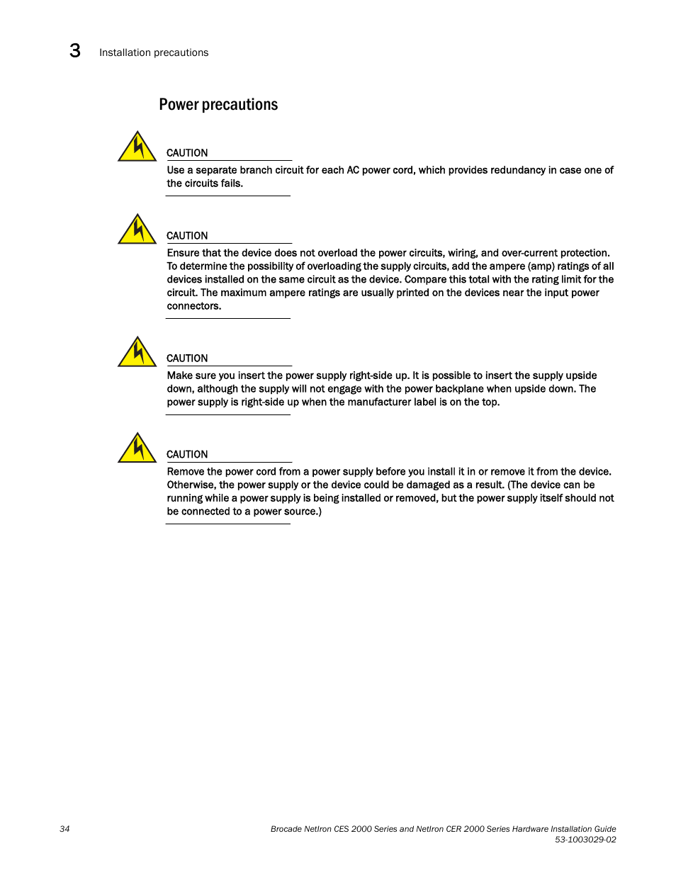 Power precautions | Brocade NetIron CER 2000 Series Hardware Guide (Supporting R05.6.00) User Manual | Page 44 / 110