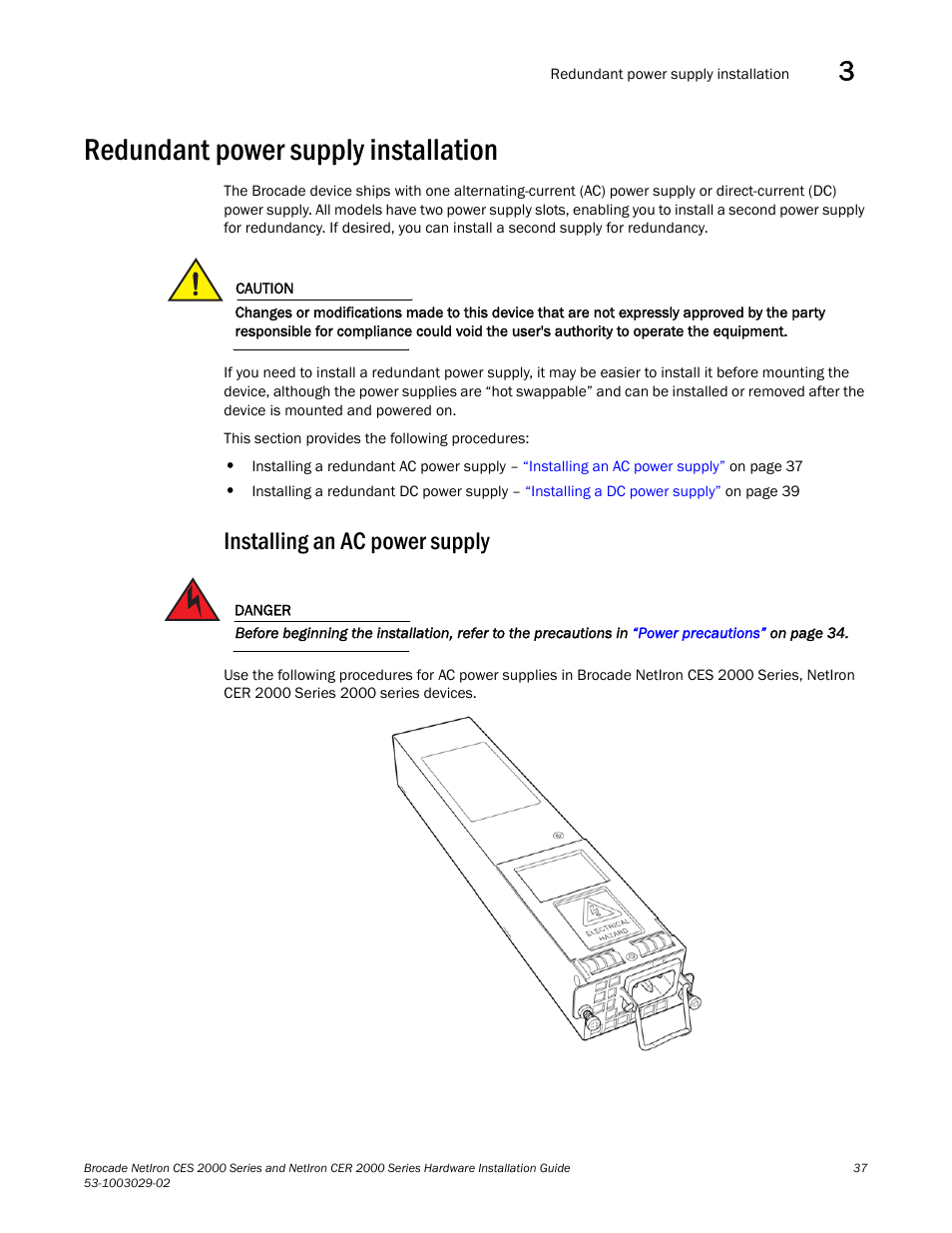 Redundant power supply installation, Installing an ac power supply | Brocade NetIron CER 2000 Series Hardware Guide (Supporting R05.6.00) User Manual | Page 47 / 110