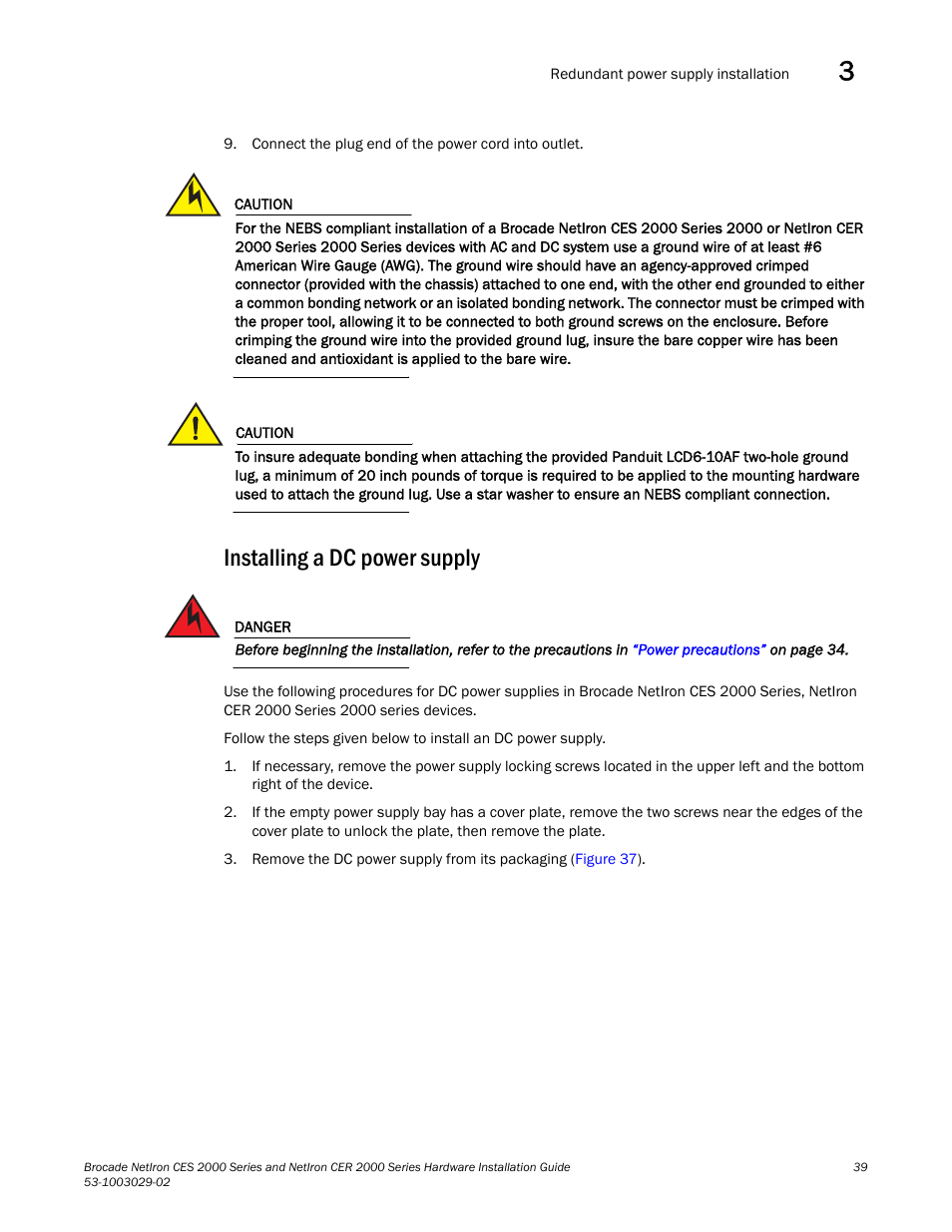 Installing a dc power supply, Supply | Brocade NetIron CER 2000 Series Hardware Guide (Supporting R05.6.00) User Manual | Page 49 / 110