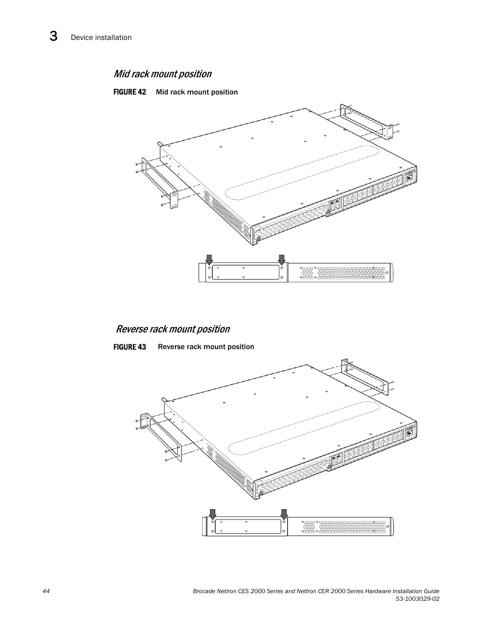 Mid rack mount position, Reverse rack mount position | Brocade NetIron CER 2000 Series Hardware Guide (Supporting R05.6.00) User Manual | Page 54 / 110