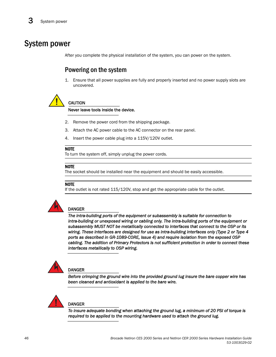 System power, Powering on the system | Brocade NetIron CER 2000 Series Hardware Guide (Supporting R05.6.00) User Manual | Page 56 / 110