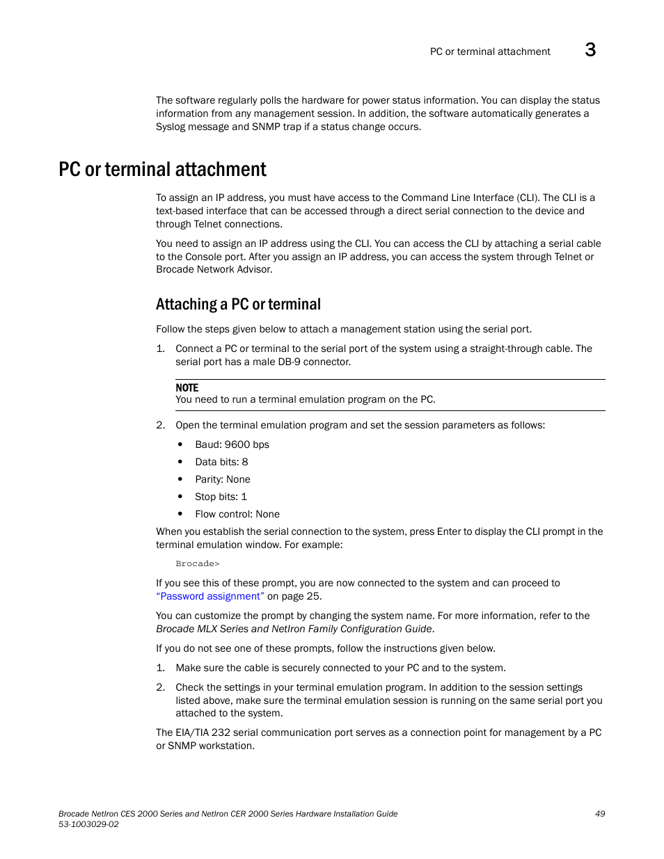 Pc or terminal attachment, Attaching a pc or terminal | Brocade NetIron CER 2000 Series Hardware Guide (Supporting R05.6.00) User Manual | Page 59 / 110