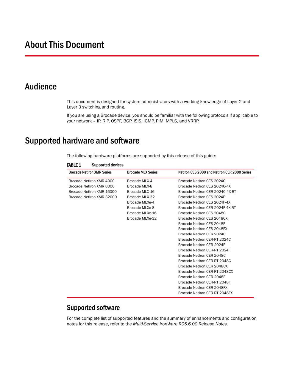 About this document, Audience, Supported hardware and software | Supported software | Brocade NetIron CER 2000 Series Hardware Guide (Supporting R05.6.00) User Manual | Page 7 / 110