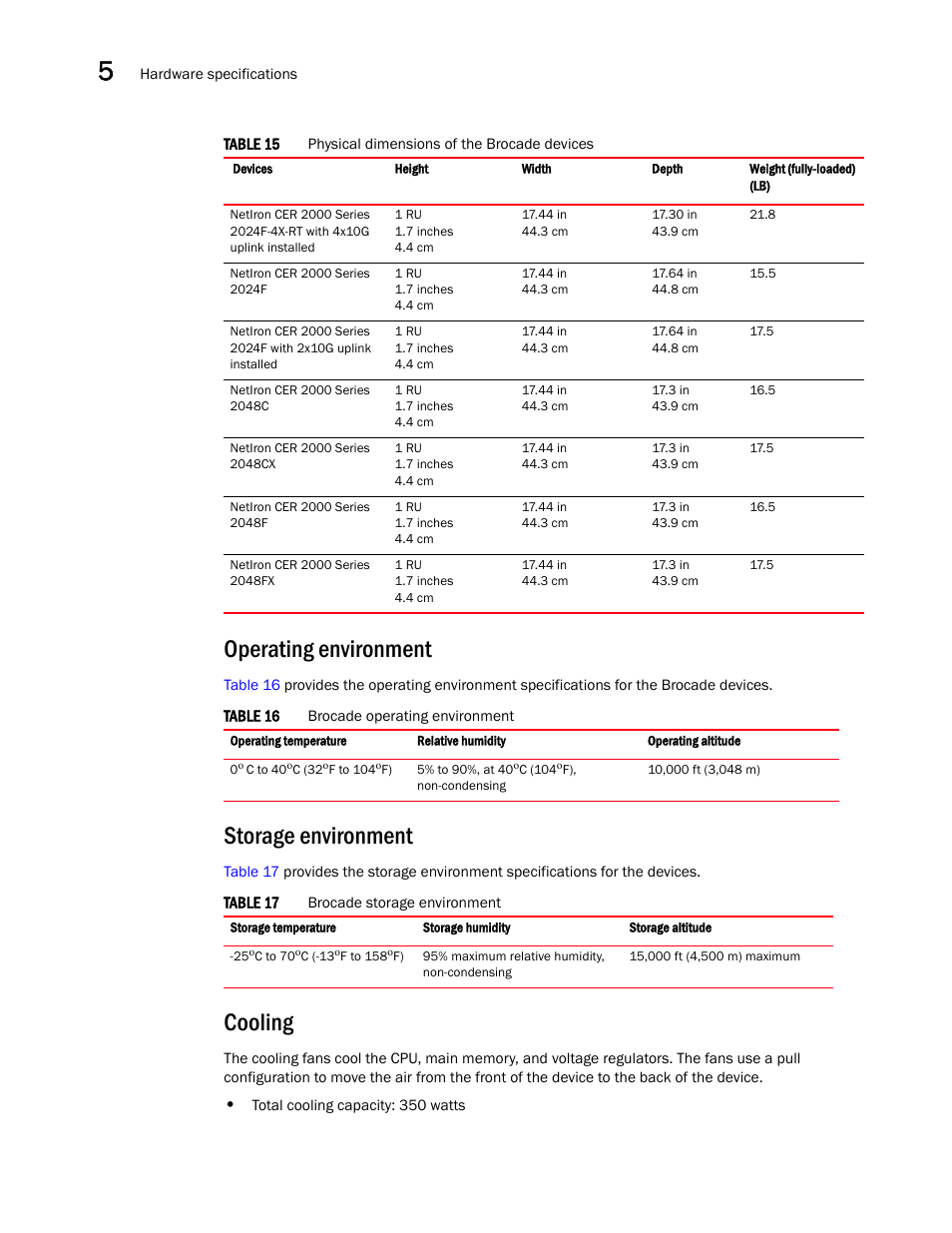 Operating environment, Storage environment, Cooling | Brocade NetIron CER 2000 Series Hardware Guide (Supporting R05.6.00) User Manual | Page 72 / 110