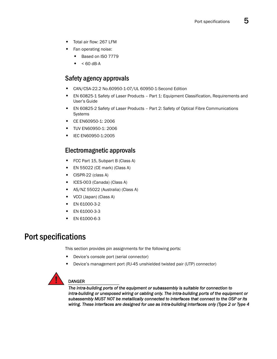 Safety agency approvals, Electromagnetic approvals, Port specifications | Brocade NetIron CER 2000 Series Hardware Guide (Supporting R05.6.00) User Manual | Page 73 / 110