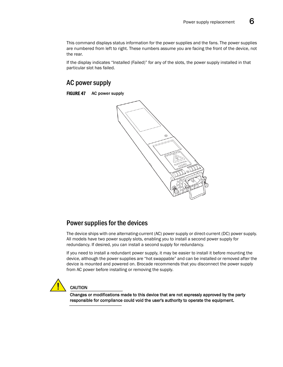 Ac power supply, Power supplies for the devices | Brocade NetIron CER 2000 Series Hardware Guide (Supporting R05.6.00) User Manual | Page 81 / 110
