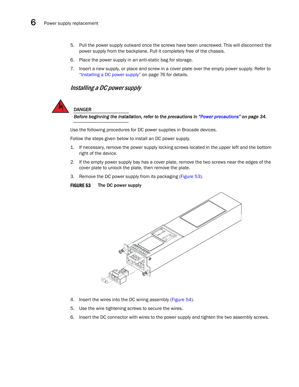 Installing a dc power supply | Brocade NetIron CER 2000 Series Hardware Guide (Supporting R05.6.00) User Manual | Page 86 / 110