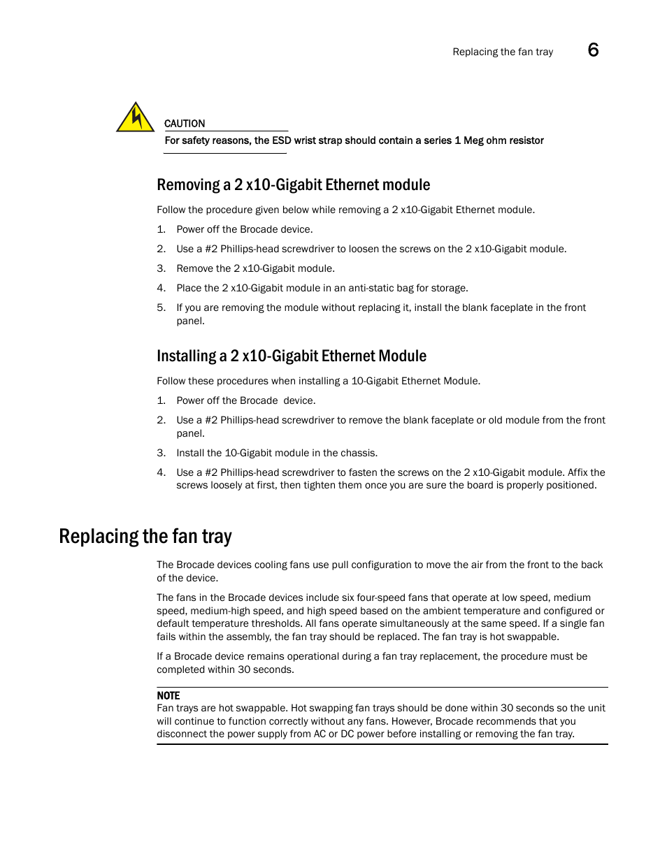 Removing a 2 x10-gigabit ethernet module, Installing a 2 x10-gigabit ethernet module, Replacing the fan tray | Brocade NetIron CER 2000 Series Hardware Guide (Supporting R05.6.00) User Manual | Page 91 / 110