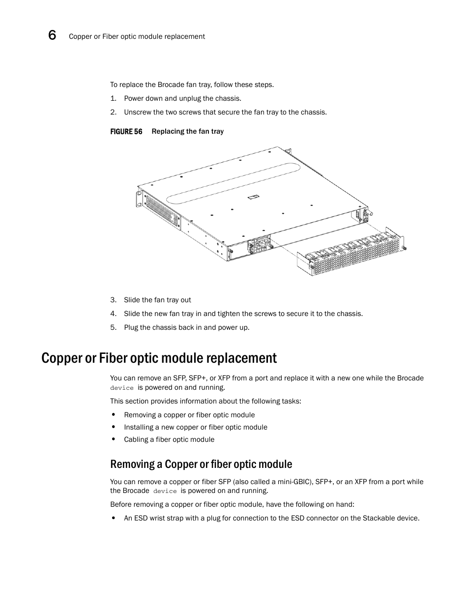 Copper or fiber optic module replacement, Removing a copper or fiber optic module | Brocade NetIron CER 2000 Series Hardware Guide (Supporting R05.6.00) User Manual | Page 92 / 110