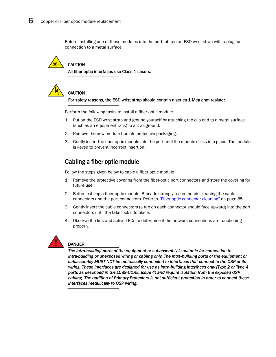 Cabling a fiber optic module | Brocade NetIron CER 2000 Series Hardware Guide (Supporting R05.6.00) User Manual | Page 94 / 110