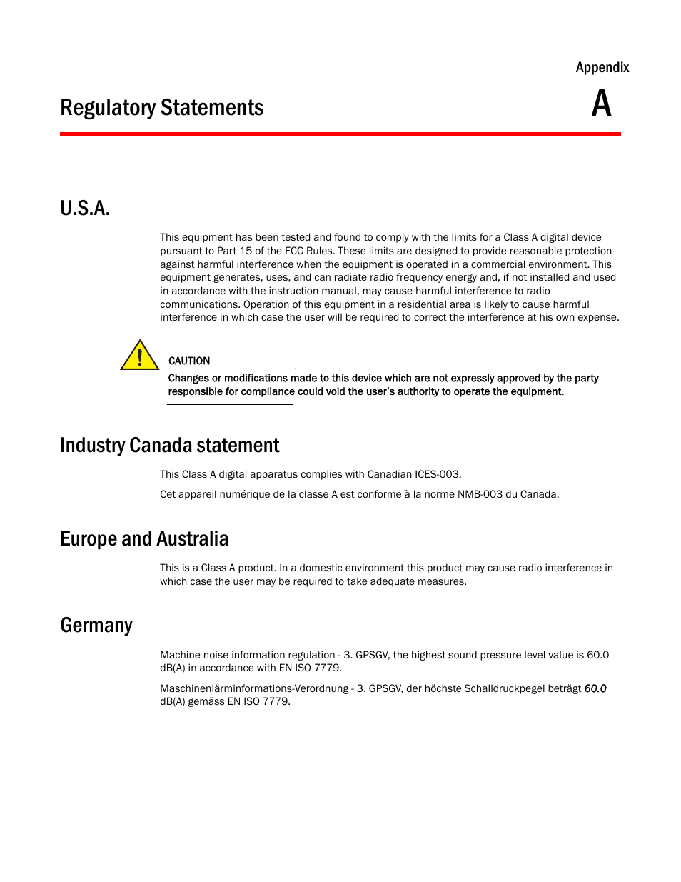 Regulatory statements, U.s.a, Industry canada statement | Europe and australia, Germany, Appendix a | Brocade NetIron CER 2000 Series Hardware Guide (Supporting R05.6.00) User Manual | Page 97 / 110