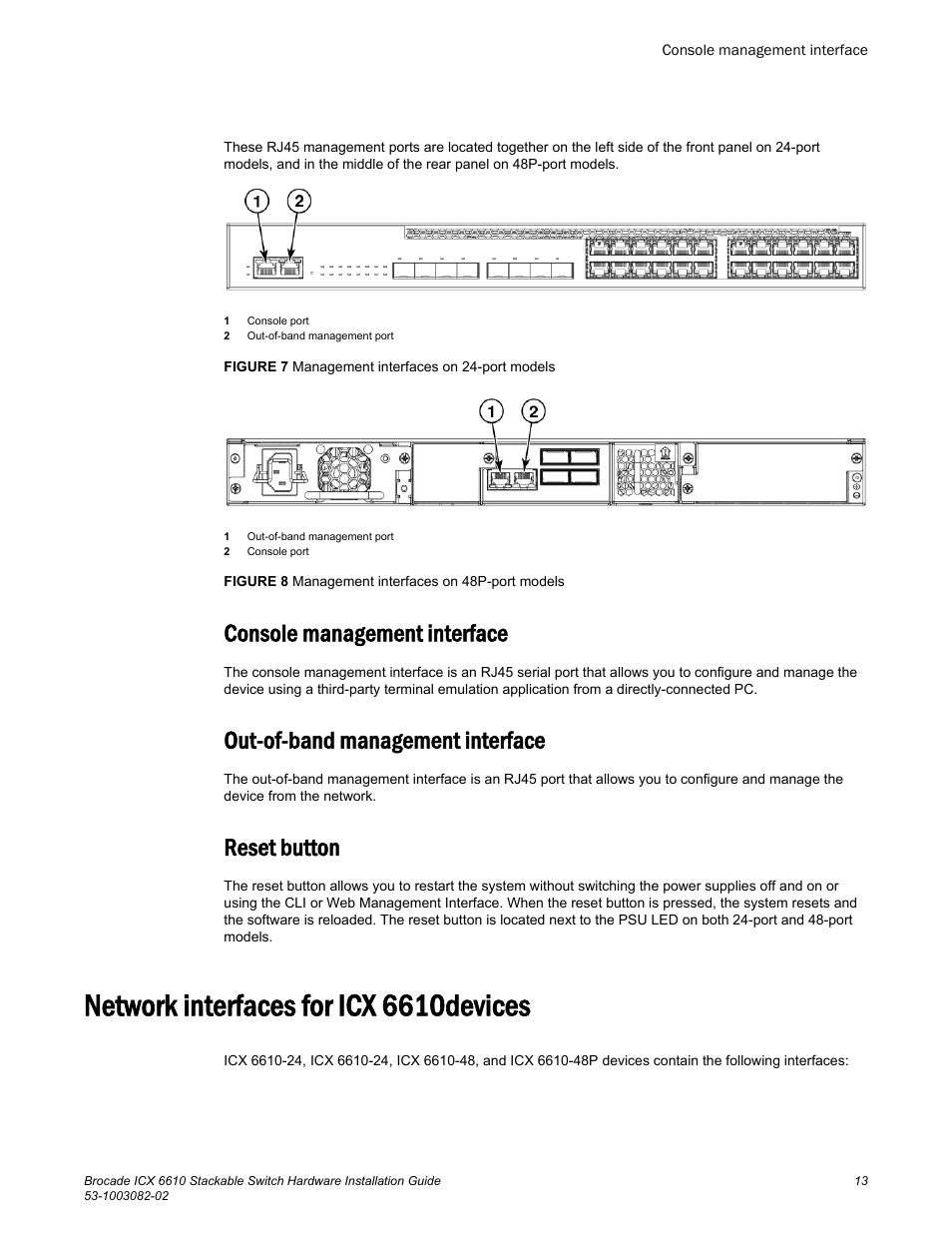 Console management interface, Out-of-band management interface, Reset button | Network interfaces for icx 6610devices | Brocade ICX 6610 Stackable Switch Hardware Installation Guide User Manual | Page 15 / 108