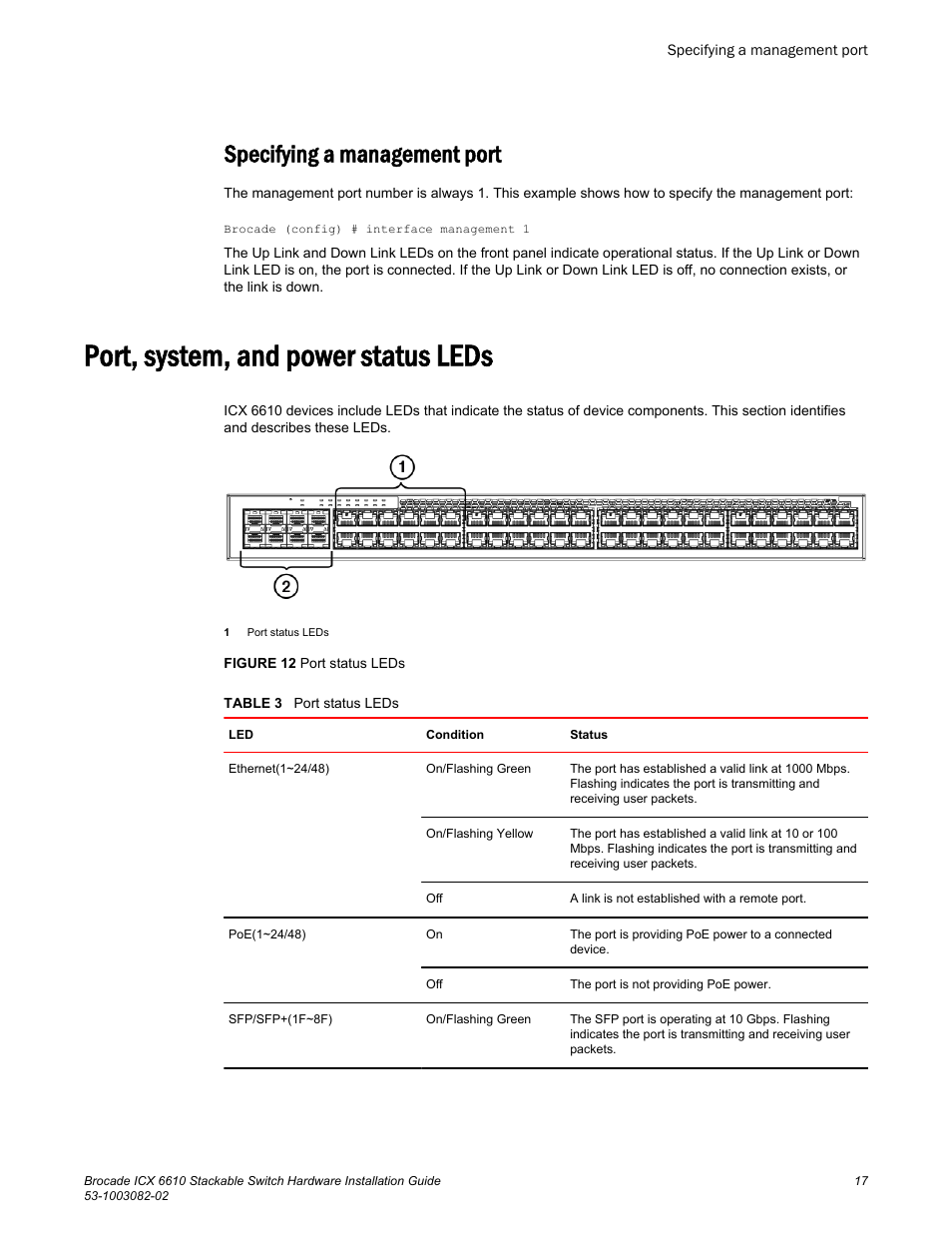 Specifying a management port, Port, system, and power status leds | Brocade ICX 6610 Stackable Switch Hardware Installation Guide User Manual | Page 19 / 108