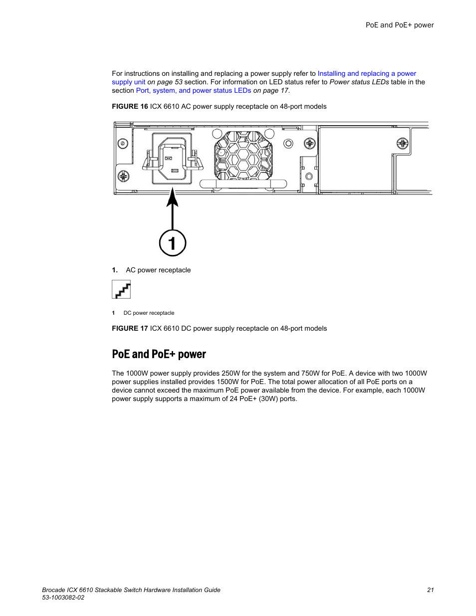 Poe and poe+ power | Brocade ICX 6610 Stackable Switch Hardware Installation Guide User Manual | Page 23 / 108