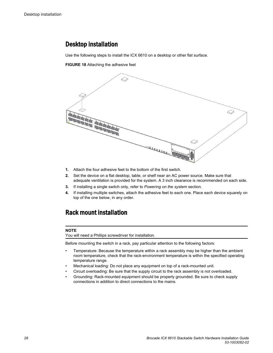 Desktop installation, Rack mount installation, Desktop installation rack mount installation | Brocade ICX 6610 Stackable Switch Hardware Installation Guide User Manual | Page 30 / 108