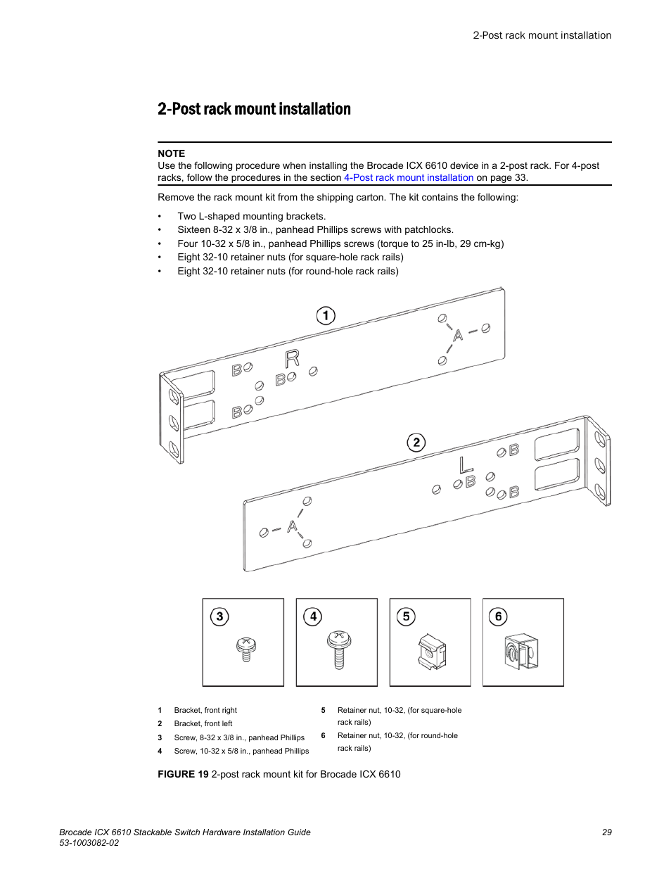 Post rack mount installation | Brocade ICX 6610 Stackable Switch Hardware Installation Guide User Manual | Page 31 / 108