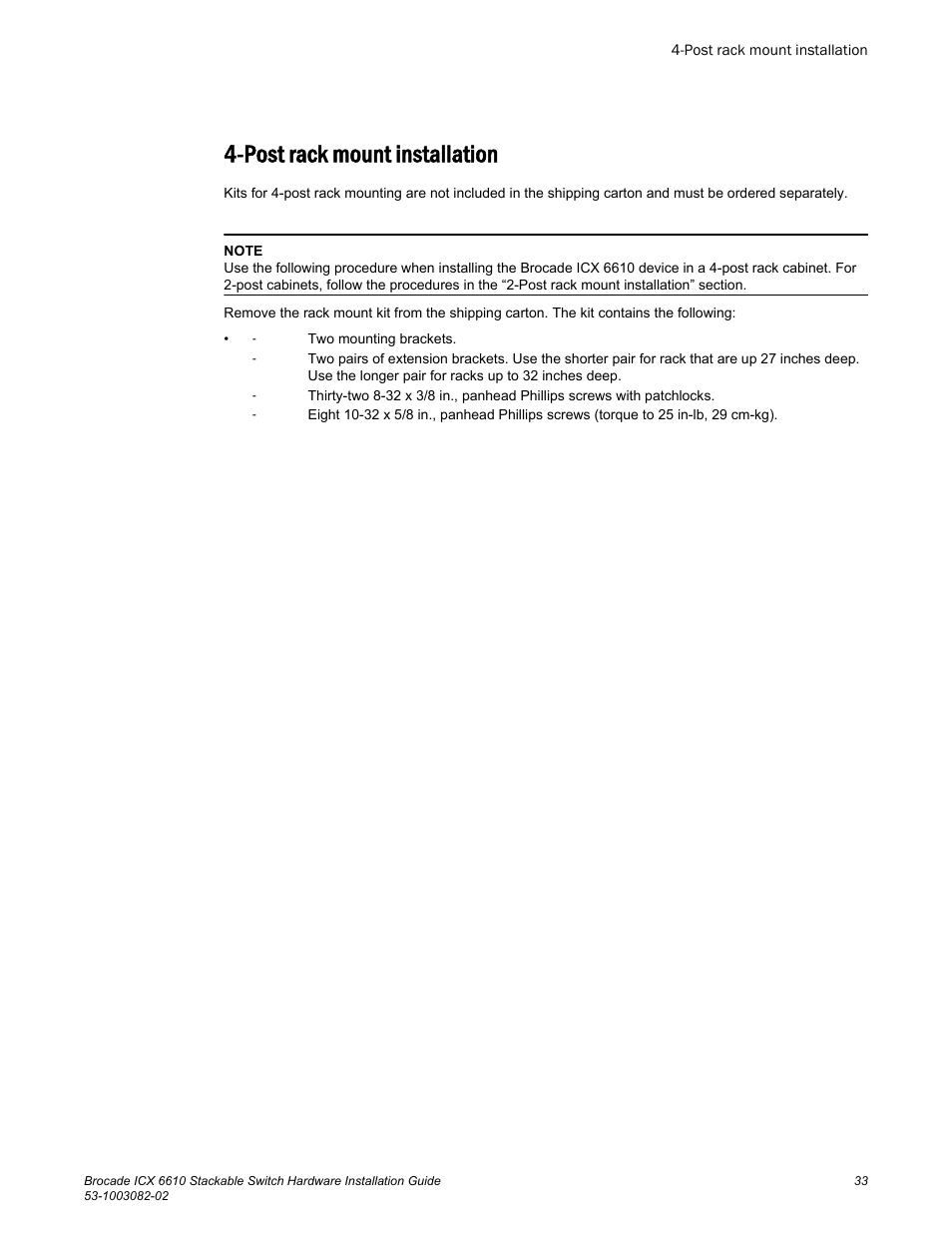 Post rack mount installation | Brocade ICX 6610 Stackable Switch Hardware Installation Guide User Manual | Page 35 / 108