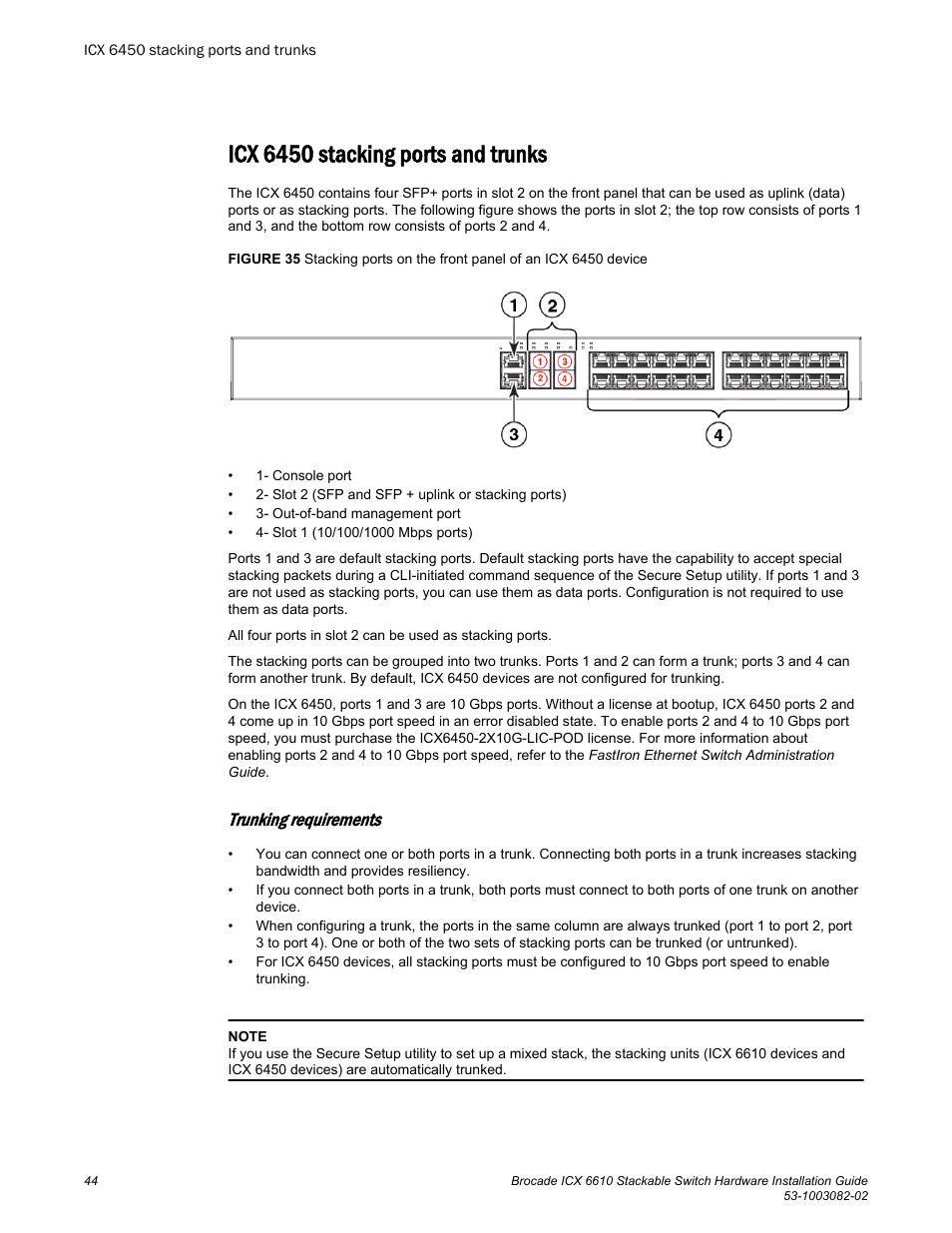 Icx 6450 stacking ports and trunks, Trunking requirements | Brocade ICX 6610 Stackable Switch Hardware Installation Guide User Manual | Page 46 / 108