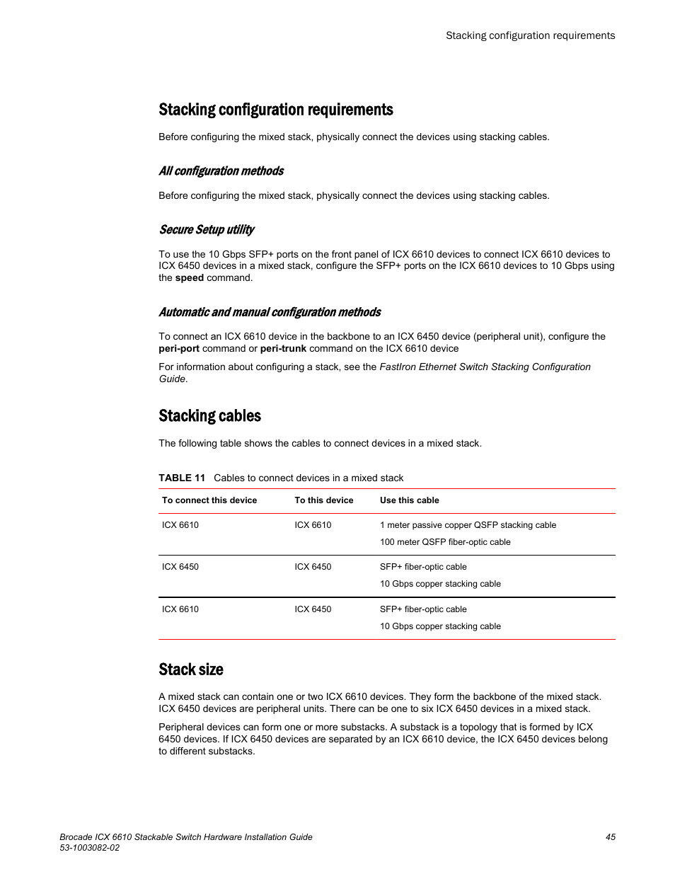 Stacking configuration requirements, All configuration methods, Secure setup utility | Automatic and manual configuration methods, Stacking cables, Stack size | Brocade ICX 6610 Stackable Switch Hardware Installation Guide User Manual | Page 47 / 108