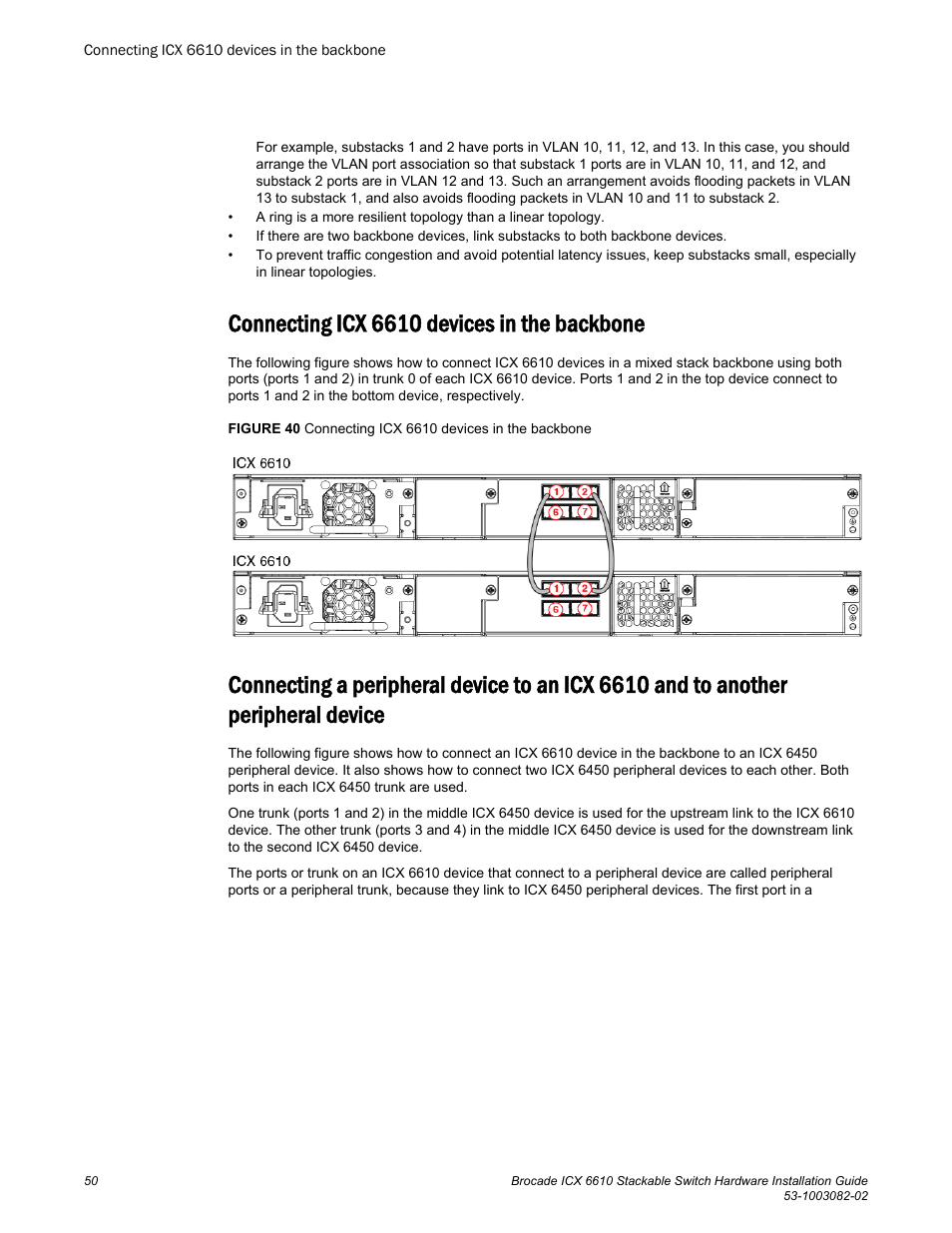 Connecting icx 6610 devices in the backbone, Peripheral device | Brocade ICX 6610 Stackable Switch Hardware Installation Guide User Manual | Page 52 / 108