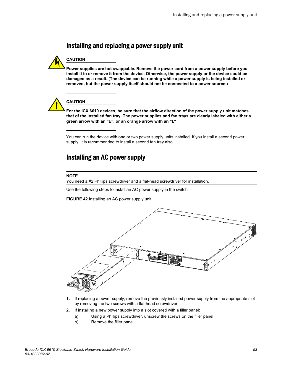 Installing and replacing a power supply unit, Installing an ac power supply, Installing and replacing a power | Supply unit | Brocade ICX 6610 Stackable Switch Hardware Installation Guide User Manual | Page 55 / 108