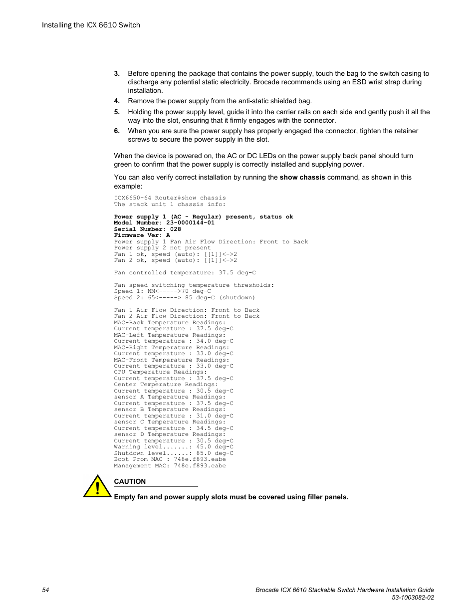 Brocade ICX 6610 Stackable Switch Hardware Installation Guide User Manual | Page 56 / 108