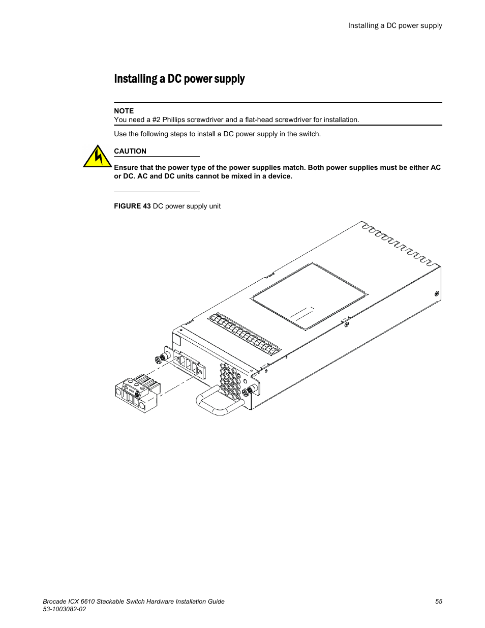 Installing a dc power supply | Brocade ICX 6610 Stackable Switch Hardware Installation Guide User Manual | Page 57 / 108