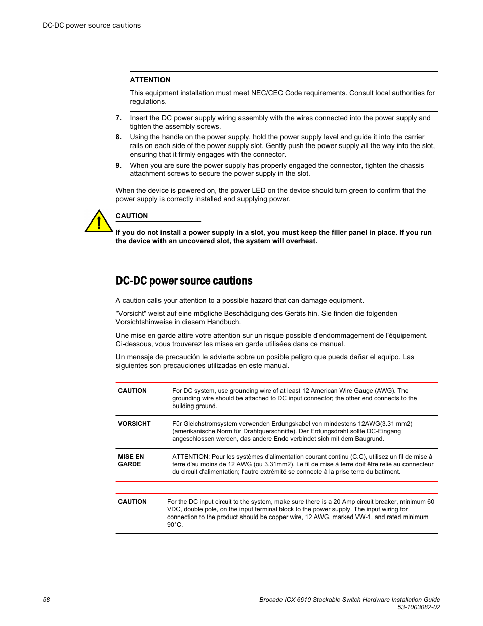 Dc-dc power source cautions | Brocade ICX 6610 Stackable Switch Hardware Installation Guide User Manual | Page 60 / 108